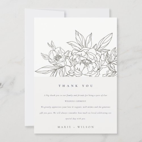 Rustic Minimal Elegant Brown Floral Sketch Wedding Thank You Card