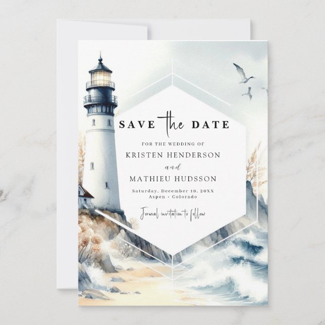 Rustic Minimal Ocean Lighthouse Wedding Save The Date (Front)