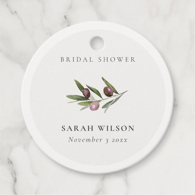 Rustic Minimal Olive Branch Foliage Bridal Shower Favor Tags (Front)