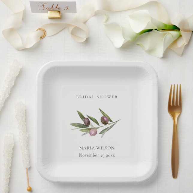 Rustic Minimal Olive Branch Foliage Bridal Shower Paper Plates (Wedding)
