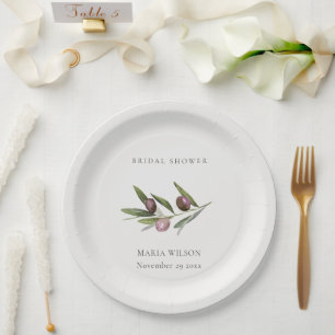 Rustic Minimal Olive Branch Foliage Bridal Shower Paper Plates