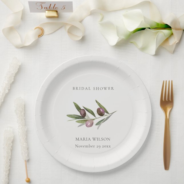 Rustic Minimal Olive Branch Foliage Bridal Shower Paper Plates (Wedding)
