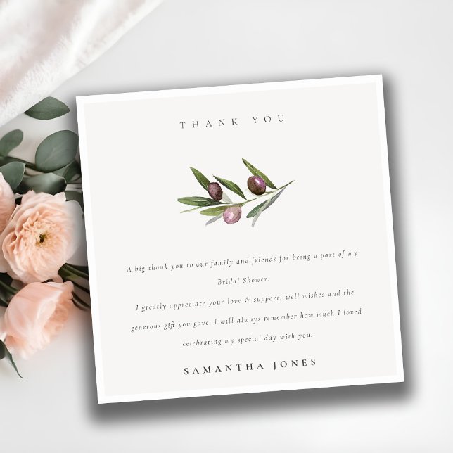 Rustic Minimal Olive Branch Foliage Bridal Shower Thank You Card (Creator Uploaded)