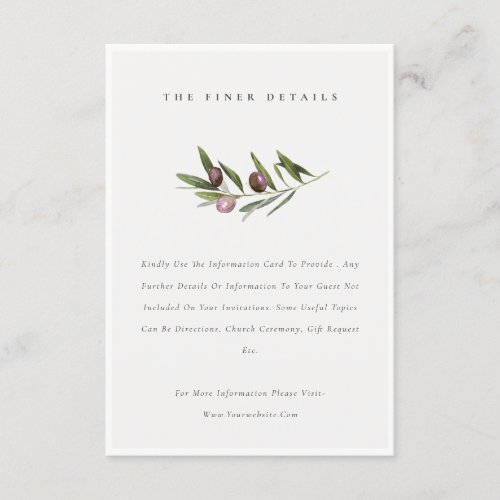 Rustic Minimal Olive Branch Foliage Wedding Detail Enclosure Card