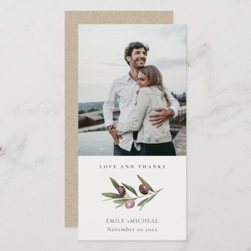 Rustic Minimal Olive Branch Foliage Wedding Photo Thank You Card