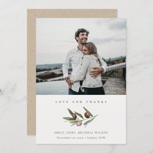 Rustic Minimal Olive Branch Foliage Wedding Photo Thank You Card