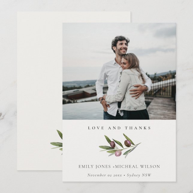 Rustic Minimal Olive Branch Foliage Wedding Photo Thank You Card (Front/Back)