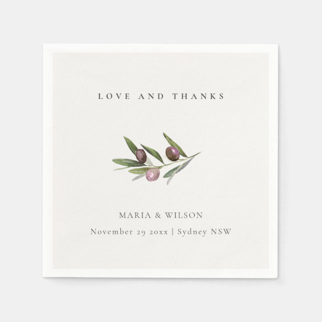 Rustic Minimal Olive Branch Foliage Wedding Thanks Napkins (Front)
