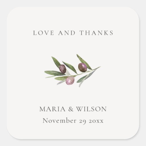 Rustic Minimal Olive Branch Foliage Wedding Thanks Square Sticker