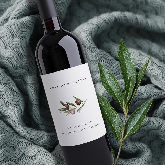 Rustic Minimal Olive Branch Foliage Wedding Thanks Wine Label (Creator Uploaded)