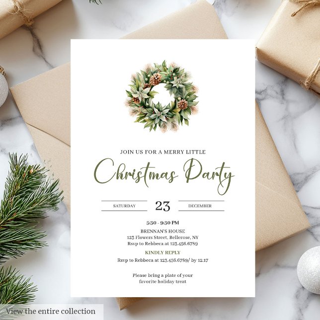Rustic Minimal Sage Ivory Christmas Wreath Invitation (Rustic Minimal Sage Ivory Christmas Party)