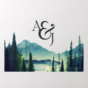Rustic Minimal Watercolor Pines Wedding Monogram Wall Decal