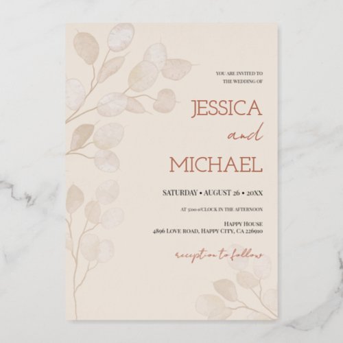 Rustic Minimalist Beige Wedding Rose Gold Foil Invitation