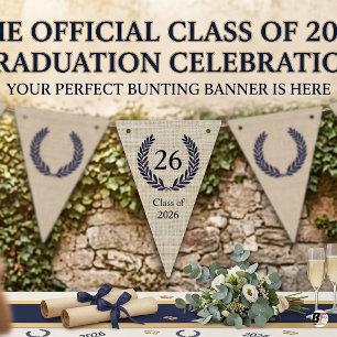 Rustic Minimalist Burlap Navy Laurel Wreath 2026 G Bunting Flags