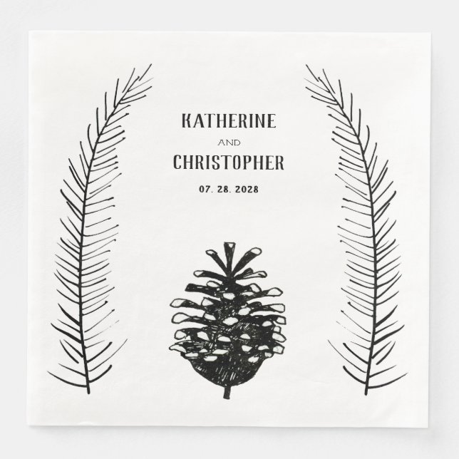 Rustic Minimalist Drawn Pine Cone Spruce Branches Paper Dinner Napkins (Front)