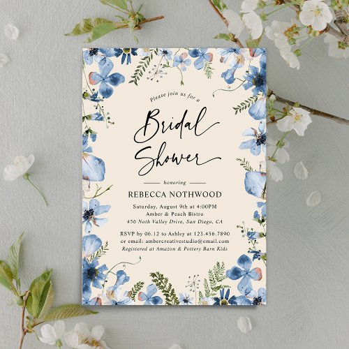 Rustic Minimalist Dusky Blue Florals Bridal Shower Invitation