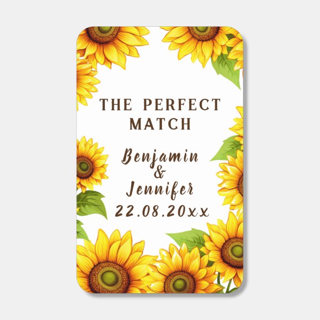 Rustic minimalist elegant modern sunflower wedding matchboxes (Front)