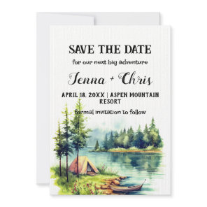 Rustic Minimalist Forest Lake Canoe Save the Date Invitation