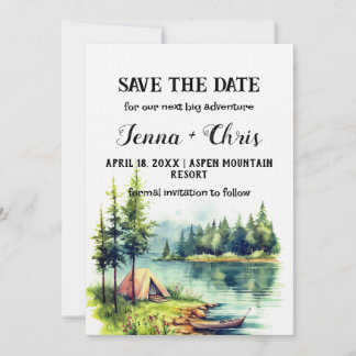Rustic Minimalist Forest Lake Canoe Save the Date Invitation
