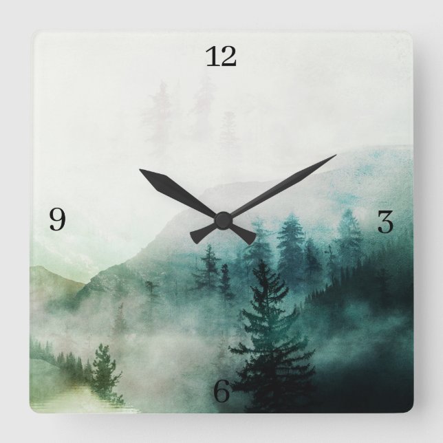 Rustic Minimalist Forest Nature Trees Mountains Square Wall Clock (Front)