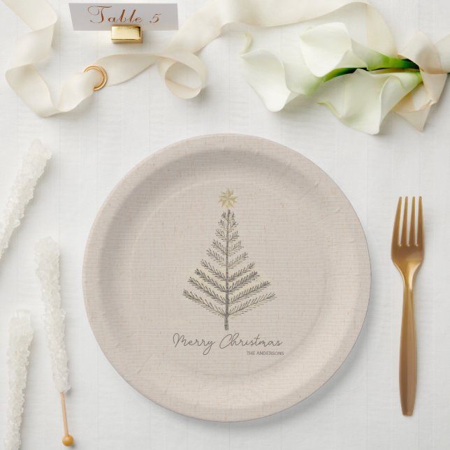 Rustic Minimalist Hand Drawn Tree Christmas  Paper Plates (Wedding)