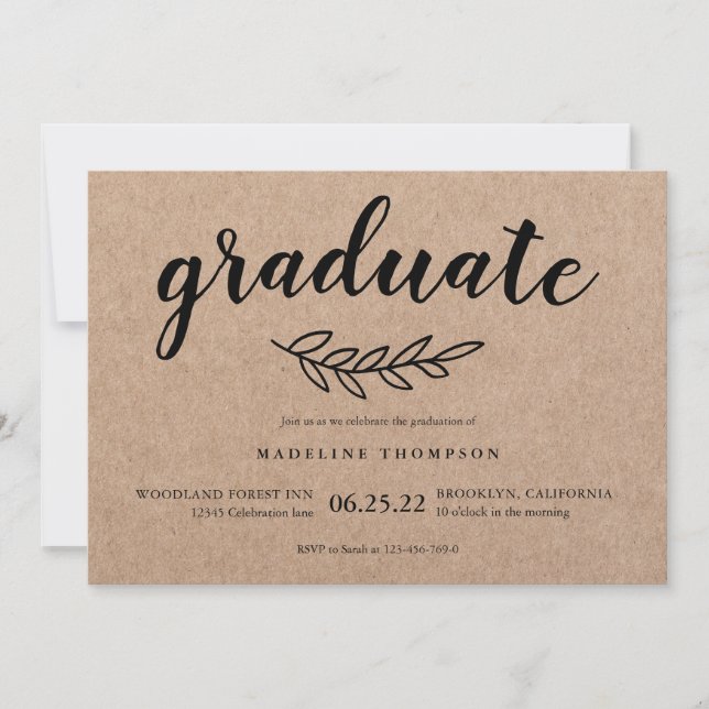 Rustic Minimalist Leaf Graduate Script Graduation Invitation (Front)