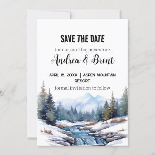 Rustic Minimalist Mountain Lake Snow Save the Date Invitation