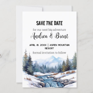 Rustic Minimalist Mountain Lake Snow Save the Date Invitation