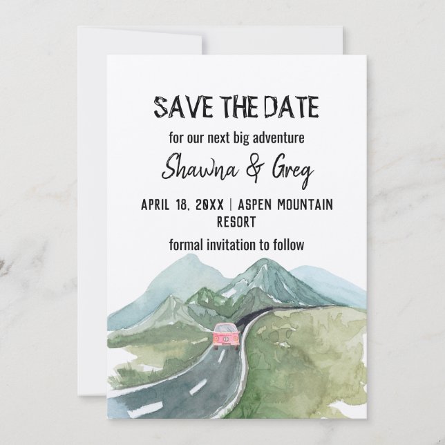 Rustic Minimalist Mountain Road Van Save the Date  Invitation (Front)