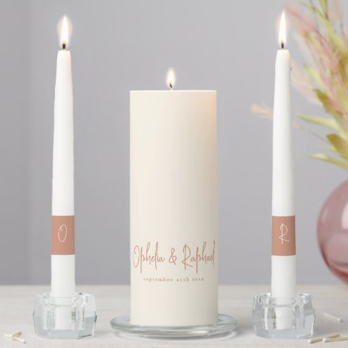 Rustic Minimalist Names Date Initials Cream Unity Candle Set