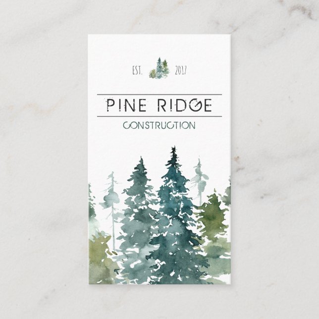 Rustic Minimalist Watercolor Pines Business Card (Front)