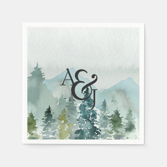 Rustic Minimalist Watercolor Pines Personalized Napkins (Front)