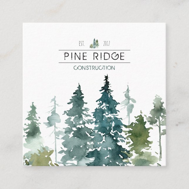 Rustic Minimalist Watercolor Pines Square Square Business Card (Front)