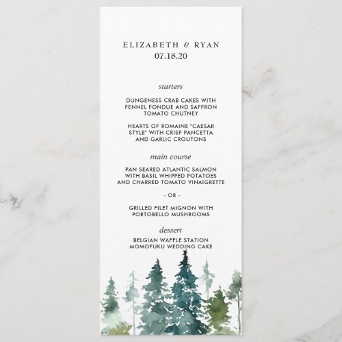 Rustic Minimalist Watercolor Pines Wedding Menu