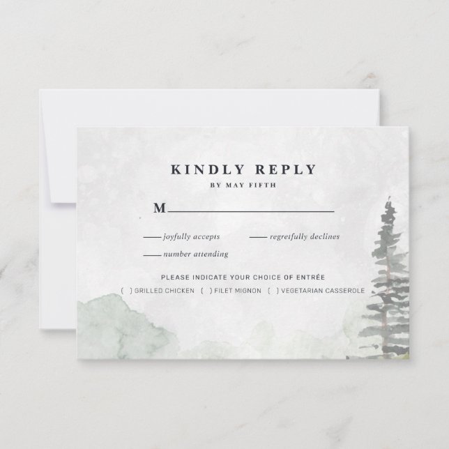 Rustic Minimalist Wedding RSVP | Watercolor Pines  Announcement (Front)