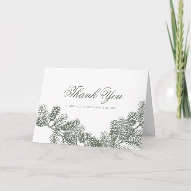 Rustic Minimalist Winter Greenery Letterpress Thank You Card (Front)