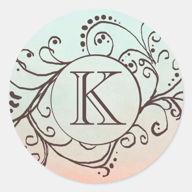 Rustic Mint and Peach Bohemian  Flourish Classic Round Sticker (Front)