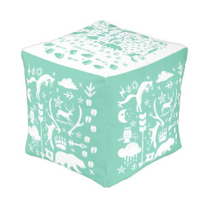 Rustic Mint and White Bear Fox Deer Pattern Pouf