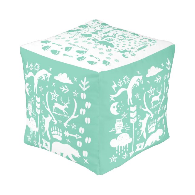 Rustic Mint and White Bear Fox Deer Pattern Pouf (Angled Front)