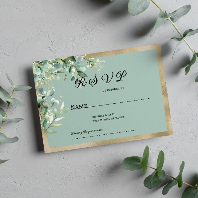 Rustic mint gold eucalyptus olive leaves RSVP Invitation (Rustic mint gold eucalyptus olive leaves RSVP)