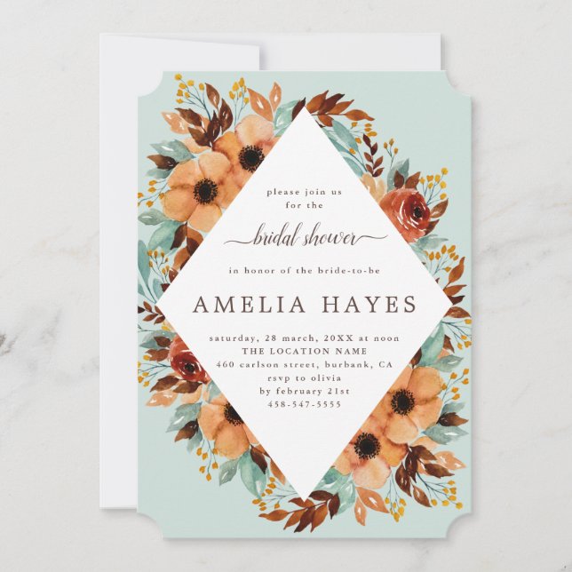 Rustic Mint Green and Brown Floral  Bridal Shower Invitation (Front)