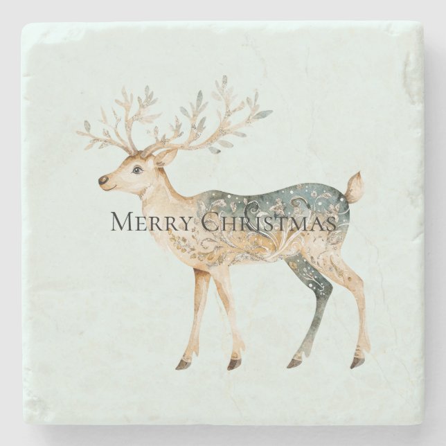 Rustic Mint Green Gold Cream Christmas Deer Stone Coaster (Front)