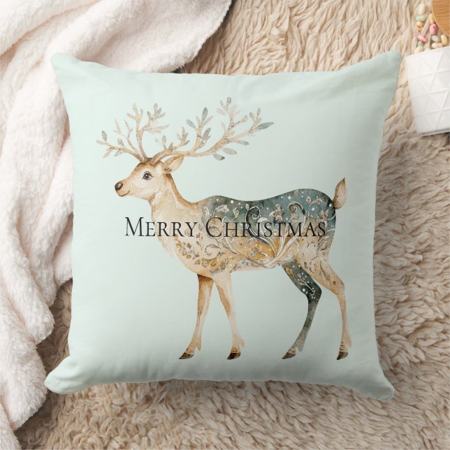 Rustic Mint Green Gold Cream Christmas Deer Throw Pillow (Blanket)