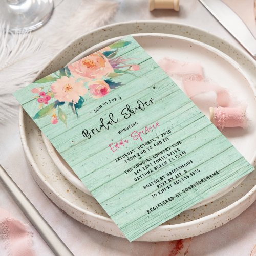 Rustic Mint Green Wood Watercolor Floral Invitation