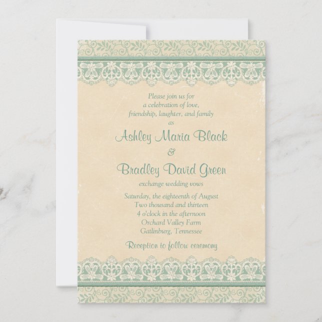 Rustic Mint Sage Ivory Lace Parchment Look Wedding Invitation (Front)