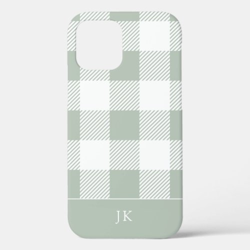 Rustic Mint Sage Plaid Pattern Monogram iPhone 12 Case