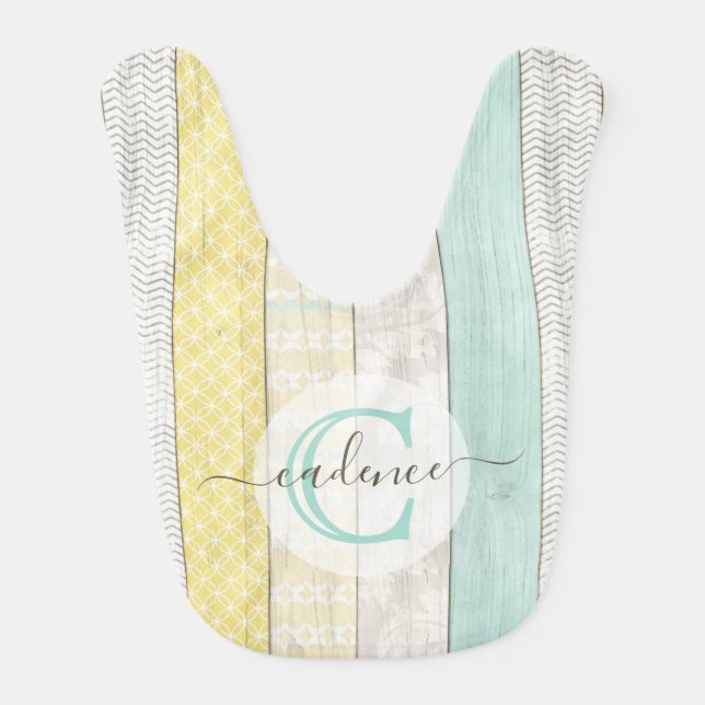 Rustic Mint & Yellow Boho Geo Modern Personalized Baby Bib (Front)