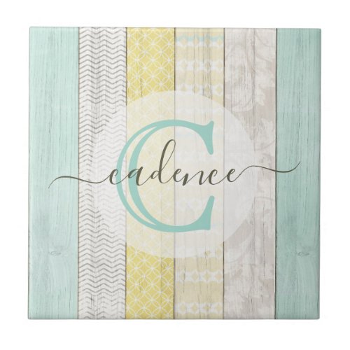 Rustic Mint  Yellow Boho Geo Modern Personalized Ceramic Tile