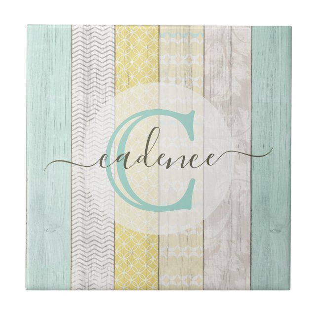 Rustic Mint & Yellow Boho Geo Modern Personalized Ceramic Tile (Front)