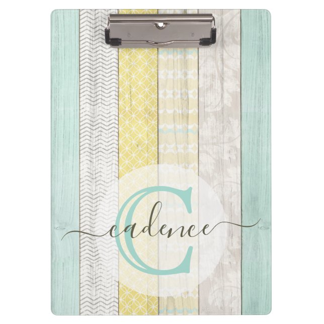 Rustic Mint & Yellow Boho Geo Modern Personalized Clipboard (Front)
